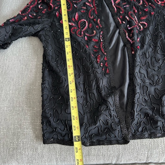 Silk Size L Red Black  Sequin Beaded Party Fairy Top Jacket Blazer Women Formal - Picture 9 of 12